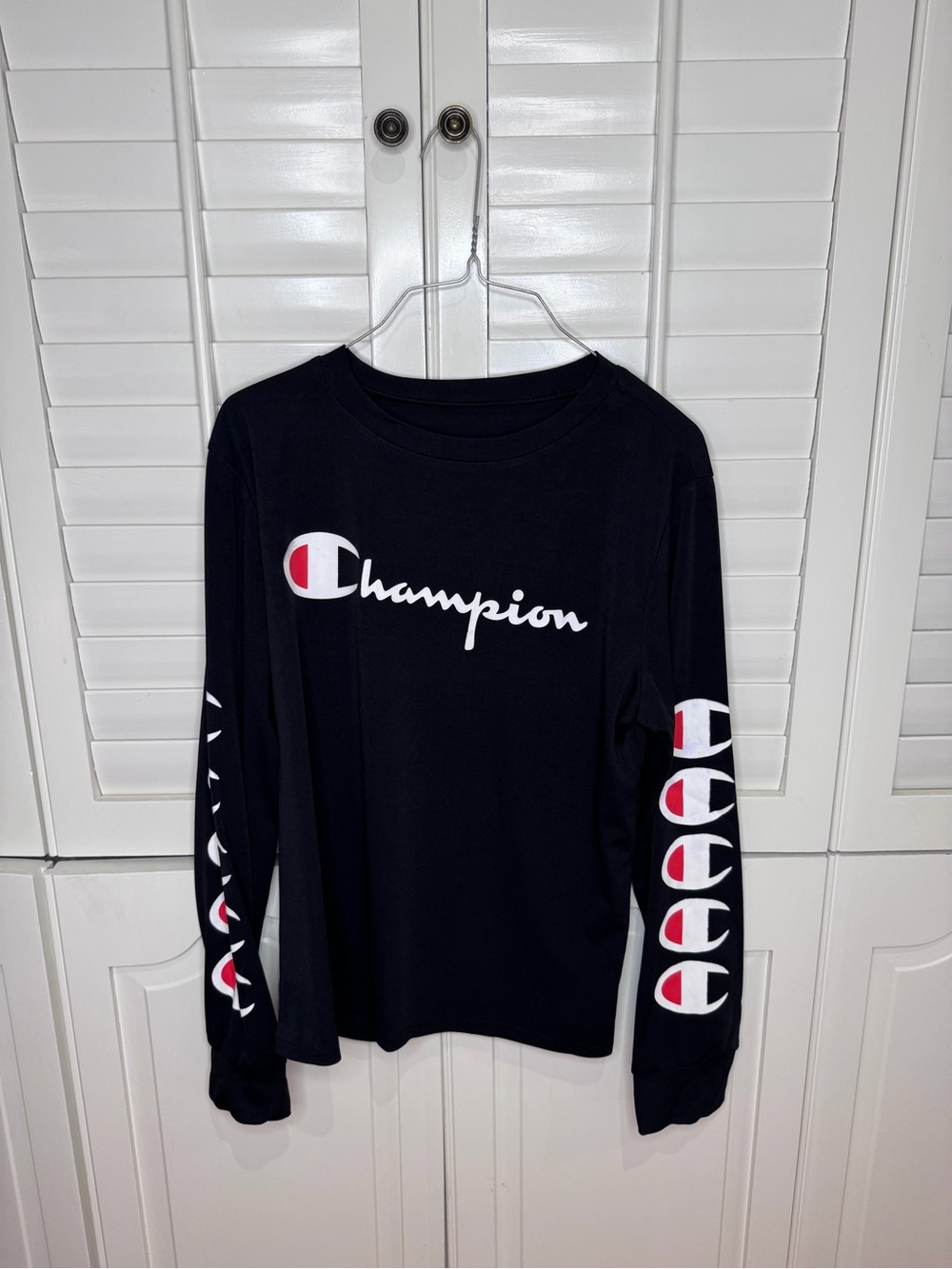 Champion Black Long Sleeve Tee with White & Red Logos